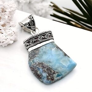 LARGE Larimar Natural Gemstone 925 Silver Pendant Necklace